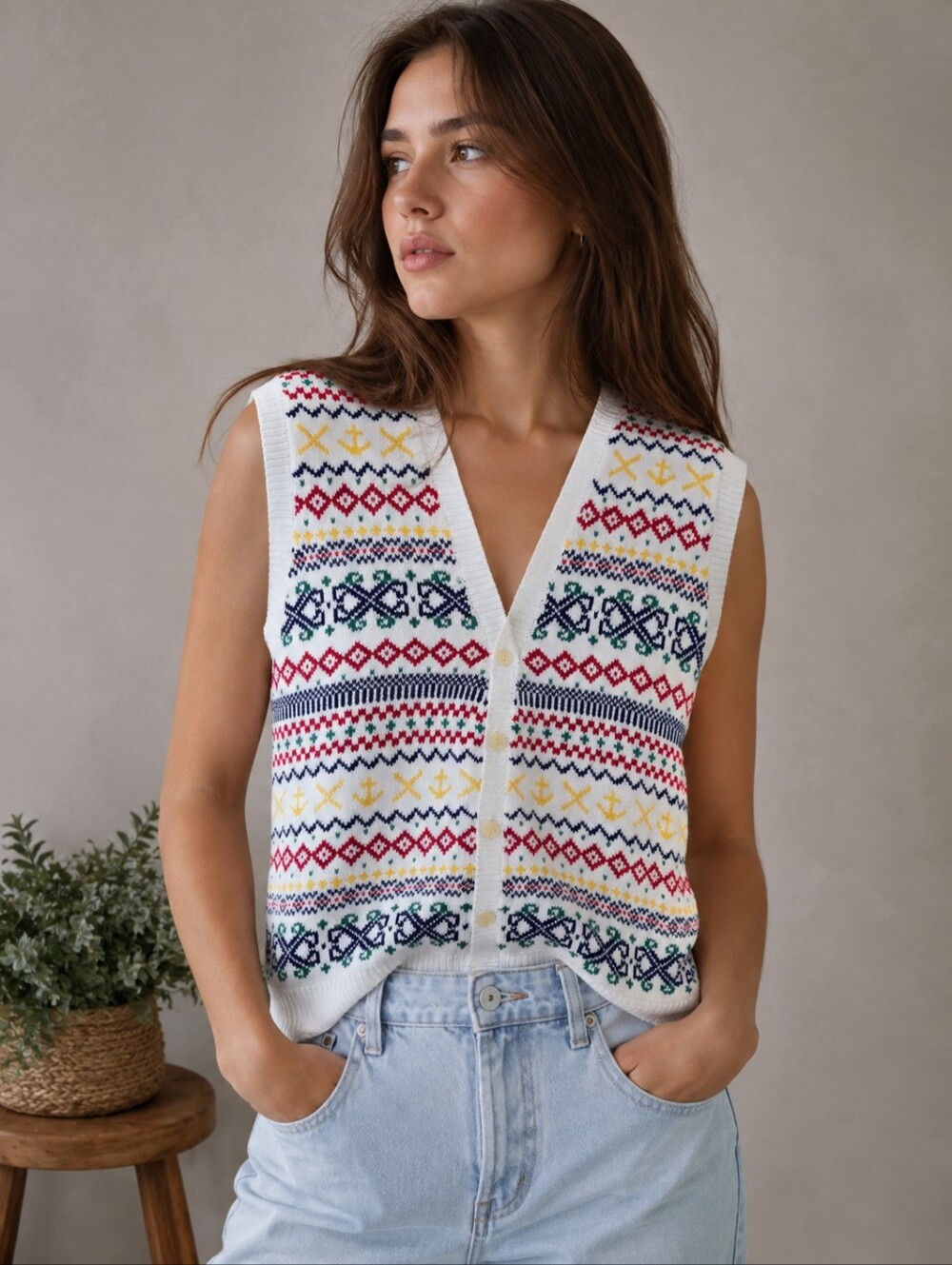 Vtg 90s GAP Cotton Fair Isle Nautical Knit Vest S UK Made Preppy Grandpacore
